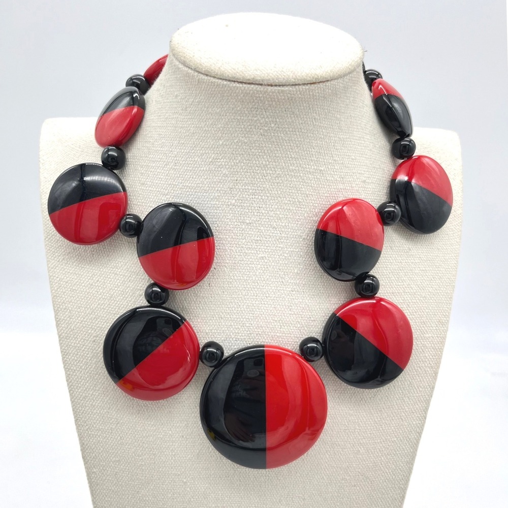 Marion Godart Paris Red Black Resin Graduated Disc Statement Necklace 17in